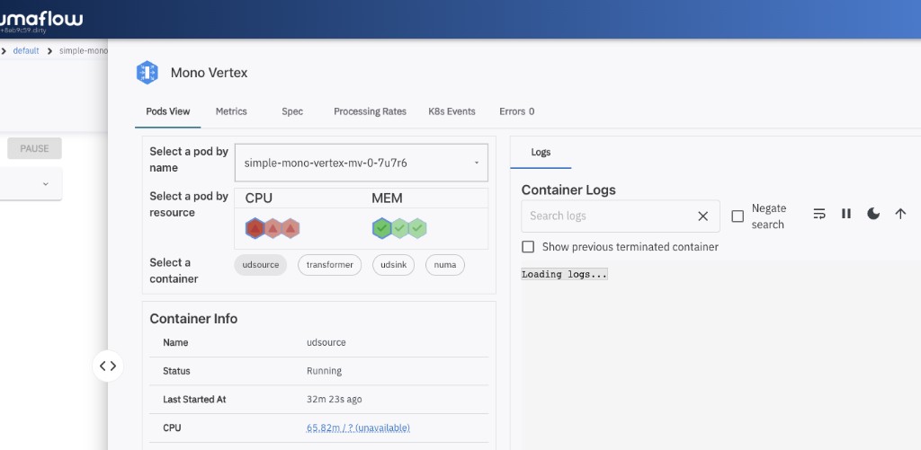 Vertex tabs with Pods View and Metrics